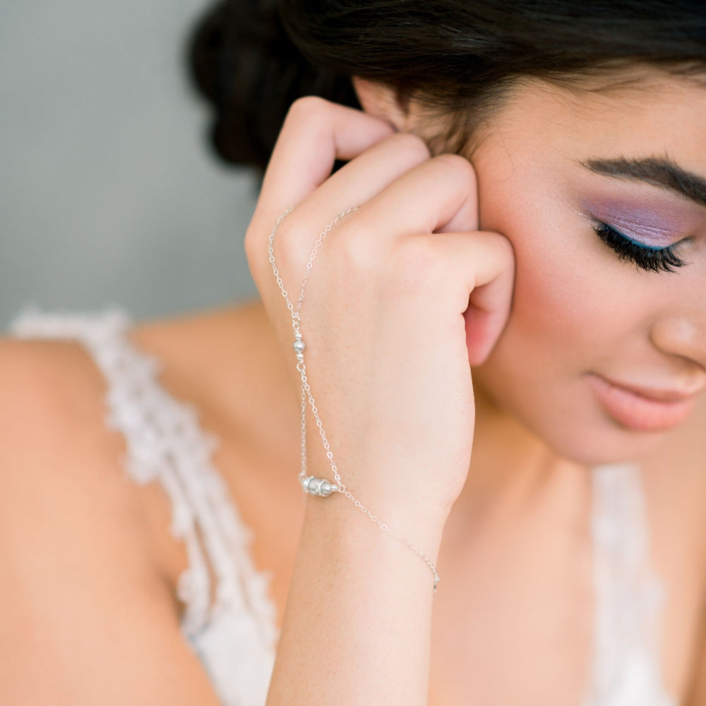 Silver Pearl & Crystal Beaded Bridal ring Hand Bracelet made in toronto canada by Blair nadeau bridal adornments